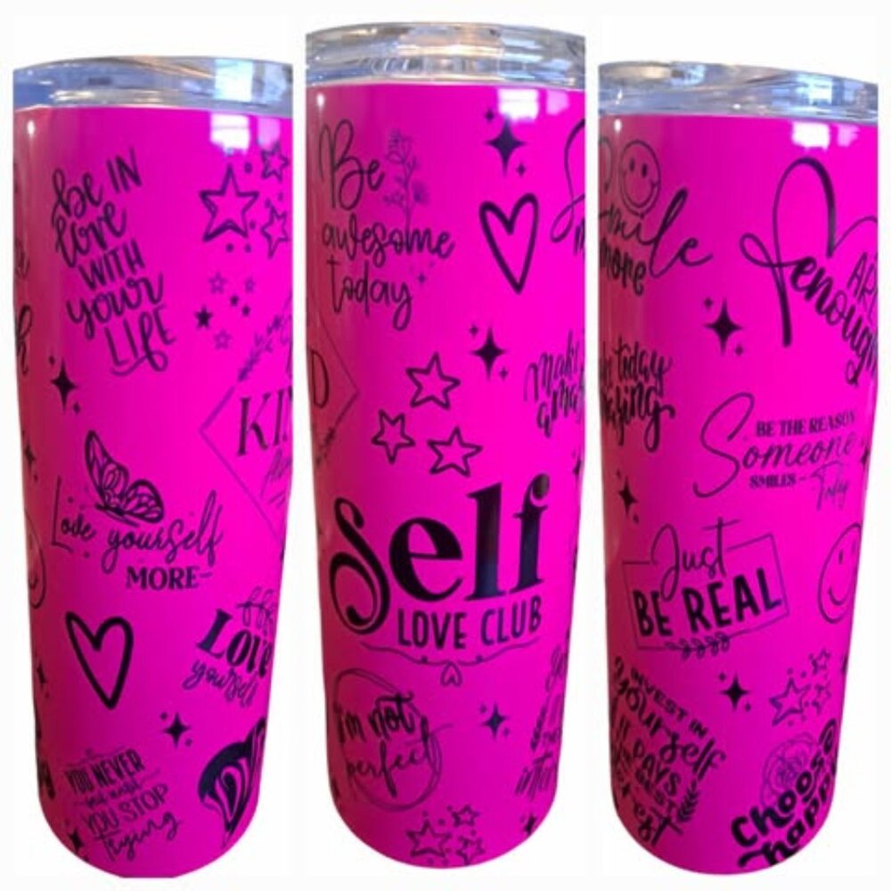 Self Love Quotes 20oz Neon Pink Skinny Tumbler with Lid and Straw NEW